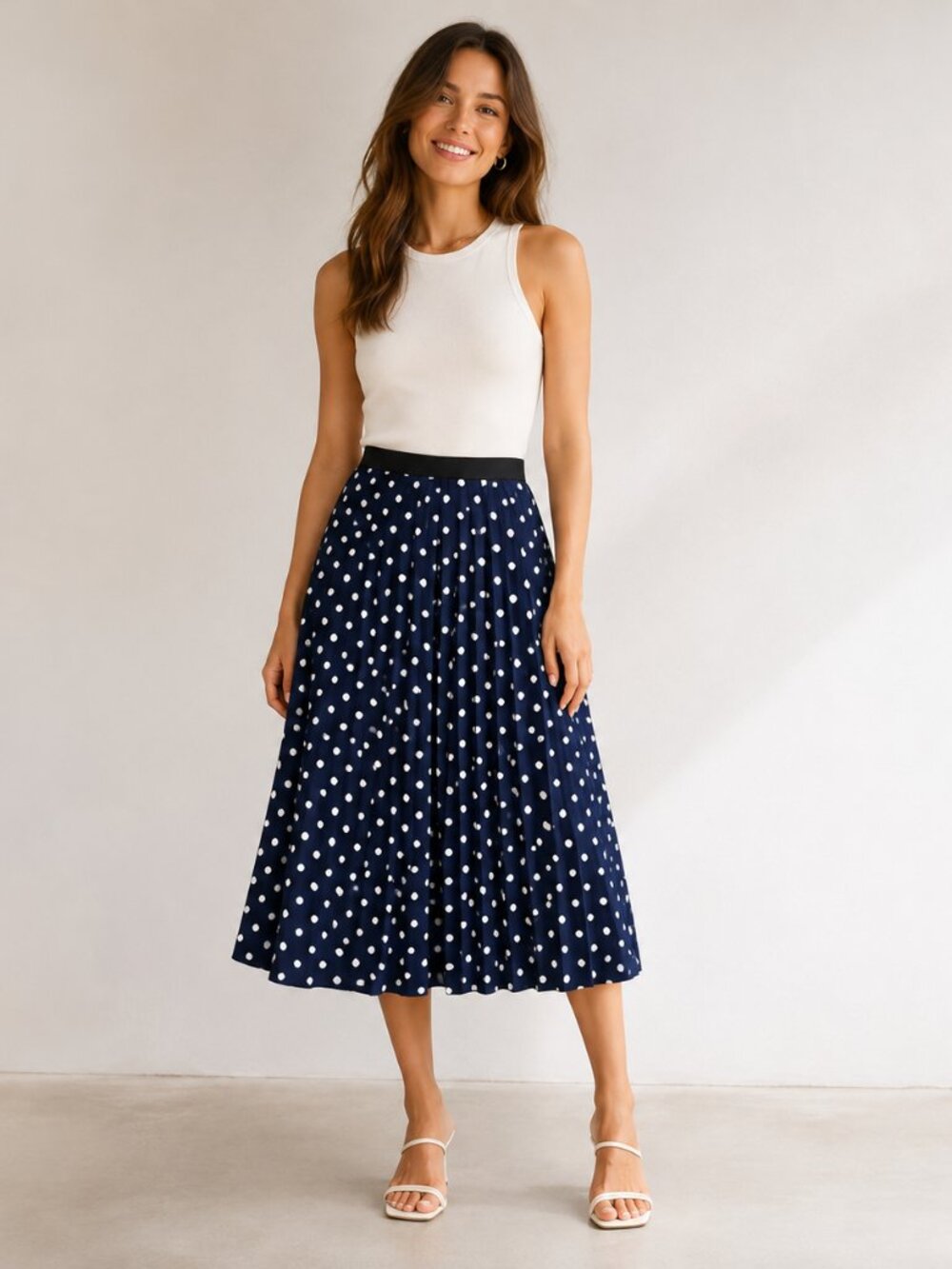 Charter Club NWOT Pleated Polka Dot Lined Midi Skirt Size M Navy/White